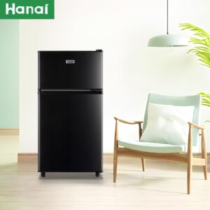 WANAI Mini Fridge with Freezer Two Doors Small Refrigerator with 7 Setting Adjustable Thermostat Crisper Drawer & Removable Shelves Extra Drink Space Low Noise Freezer-on-Top Refrigerator, Black