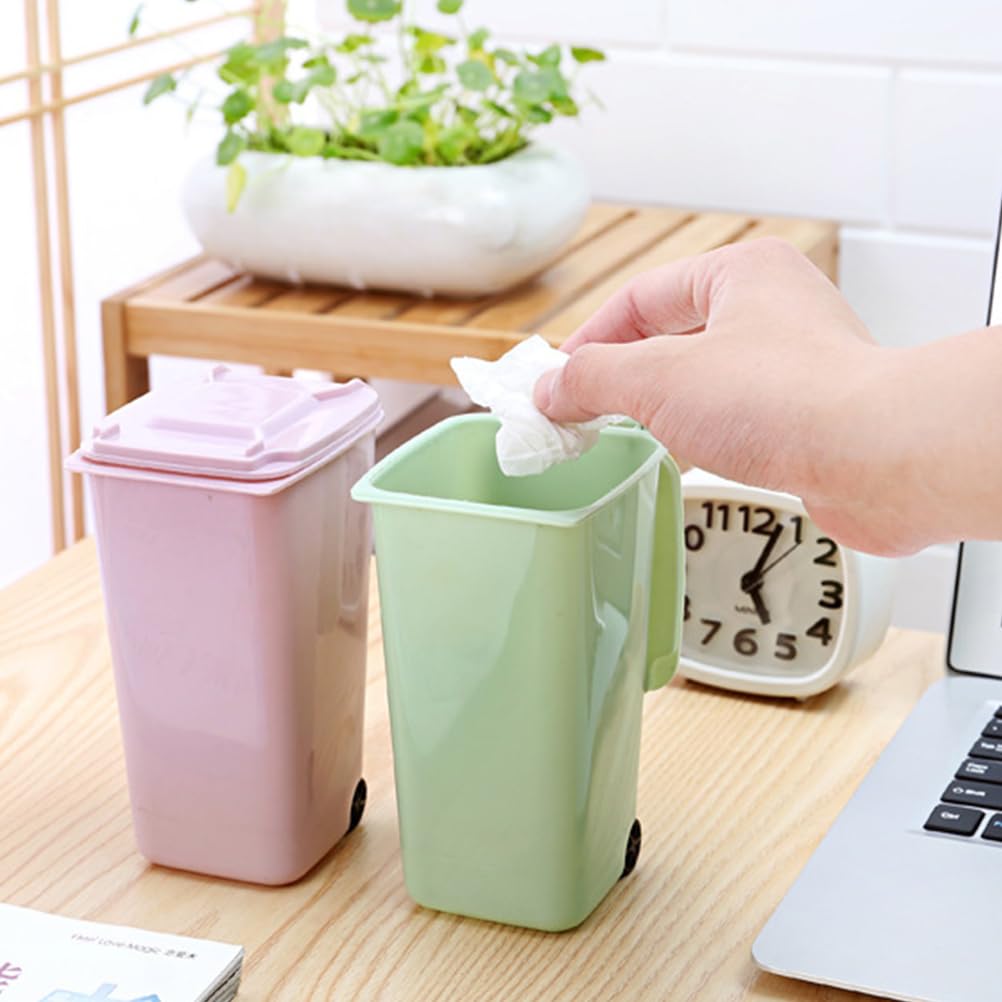 TEHAUX 2pcs Desktop Trash Can, Mini Garbage Can Desk Trash Can Trash Bucket Tabletop Trash Can Mini Garbage Can Desk Pen Holder Mini Trash Can with Lid for Home Office (Pink and Blue)