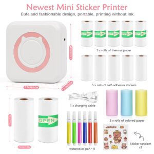 MXiiXM Mini Sticker Printer, Portable Mini Pocket Printer for iPhone, Smart Inkless Thermal Printer with 13 Roll Papers, Bluetooth Mini Printer for Notes, Photos, Stickers, Labels, Receipts (Pink)