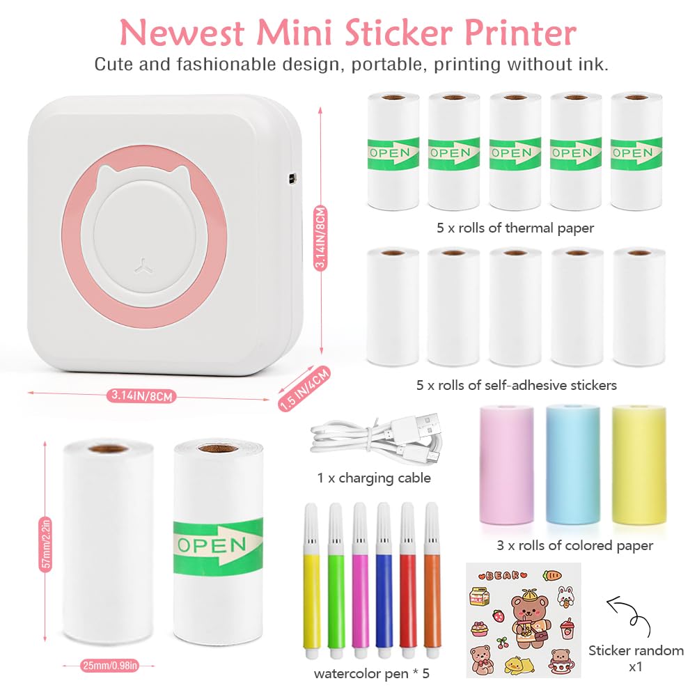 MXiiXM Mini Sticker Printer, Portable Mini Pocket Printer for iPhone, Smart Inkless Thermal Printer with 13 Roll Papers, Bluetooth Mini Printer for Notes, Photos, Stickers, Labels, Receipts (Pink)