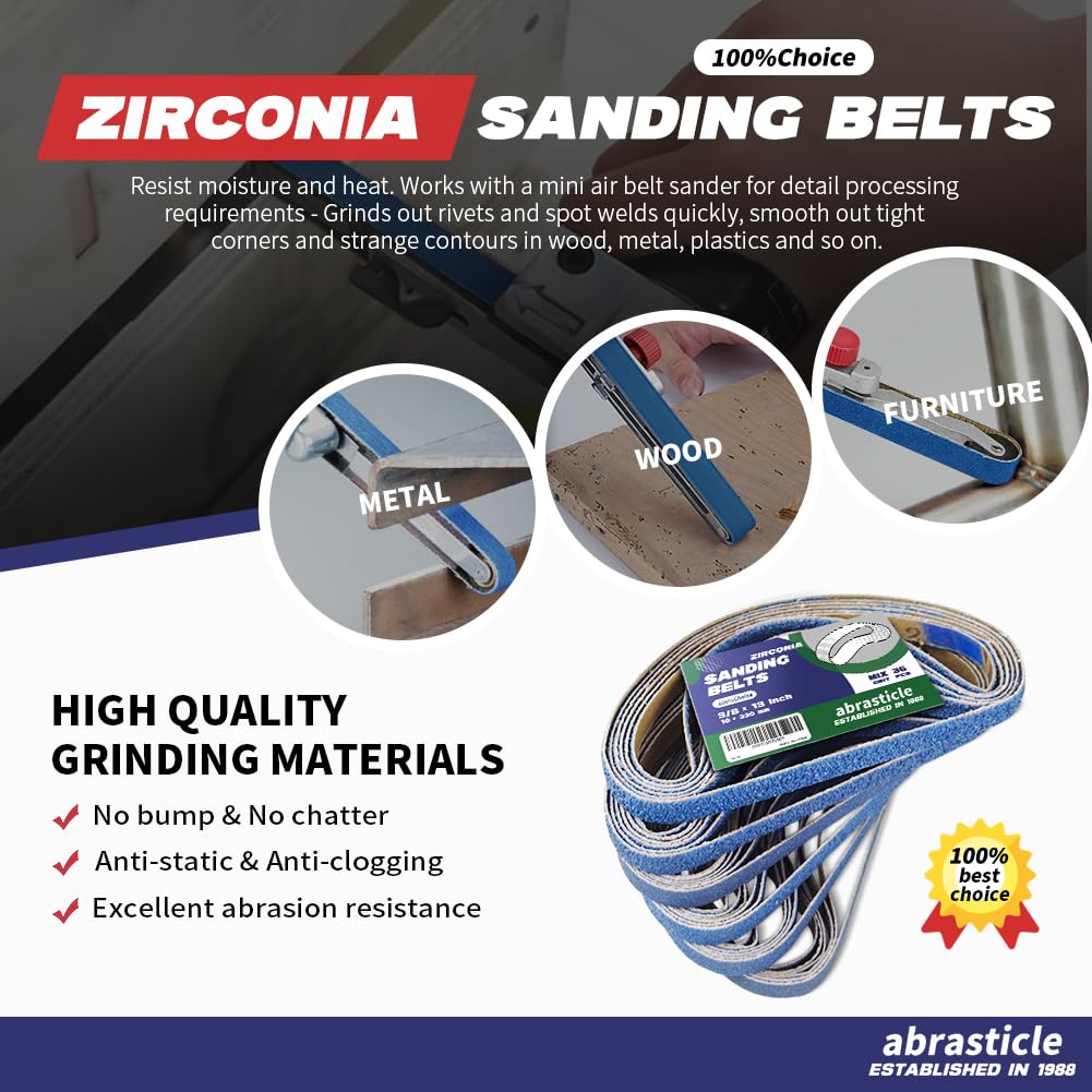 3/8" x 13" Zirconia Sanding Belts for Metal, 3/8 x 13 Inch Zirconia Metal Grinding Sand Paper, 36 PCS 6 Each of 60/80/100/120/180/240 Assorted Grits