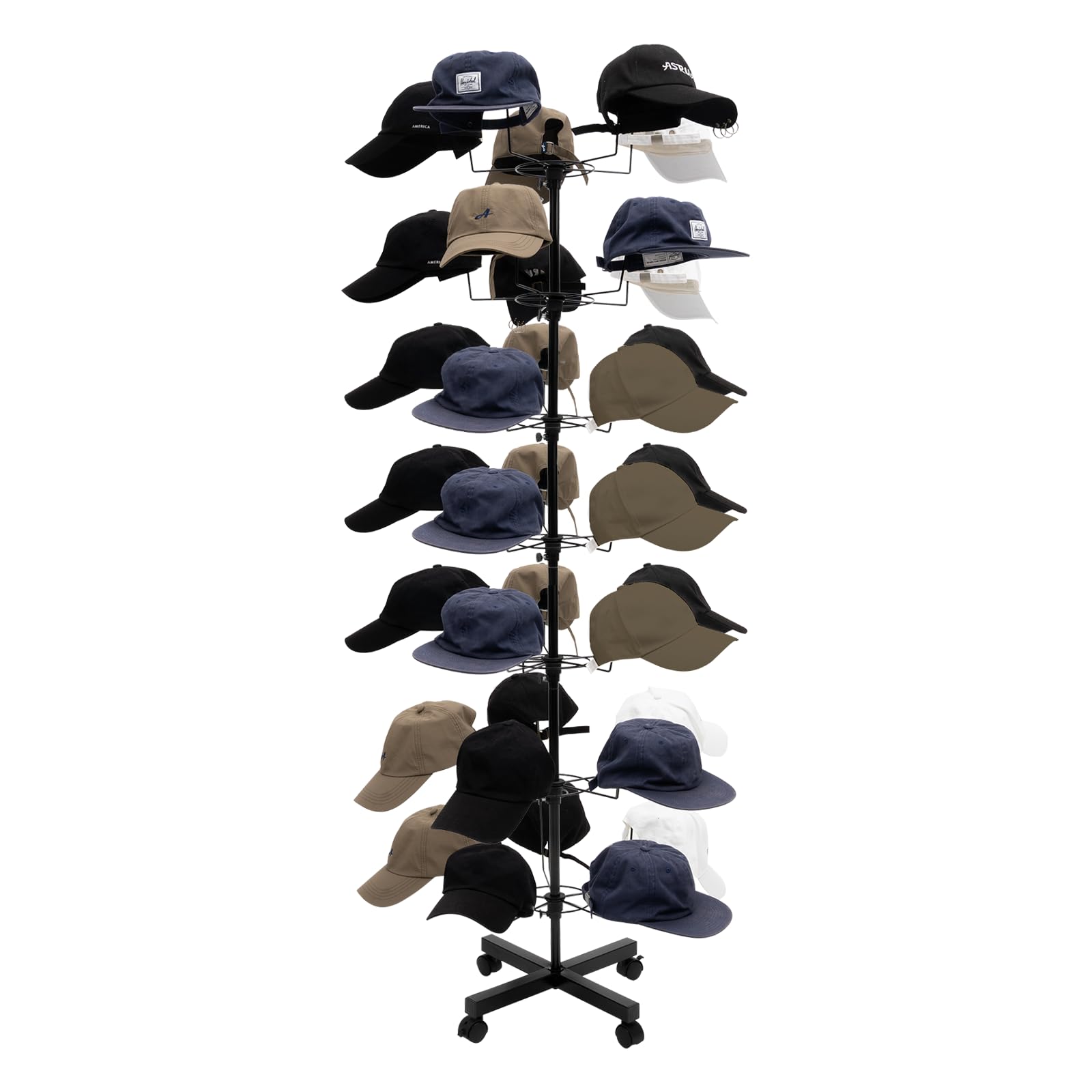 7 Tiers Rotating Hat Display Rack Stand w/ 35-Hooks Hat,Free Standing Hat Holder Storage Organizer,Floor Stand Display Holder Headwear Retail Store Black Hat/Wig/Cap Hanger Rack with Wheels