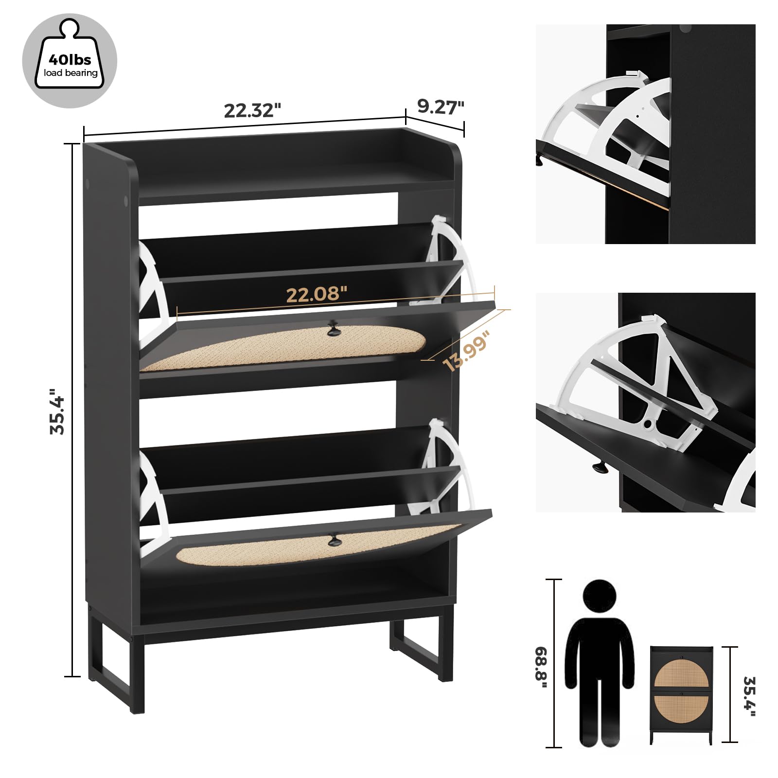 KFO Shoe Cabinet with 2 Handmade Natural Rattan Flip Drawers, Entryway Shoe Rack Storage Organizer for Sneakers, Slippers, Free Standing Shoe Racks, Black……