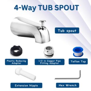 CalcMetal Top Diverter Tub Spout with 4 in 1 Adapter, Universal fit 1/2" Copper Slip, 1/2" Iron Pipe(Long and Short stub Out), and 3/4" Iron Pipe Connections, Easy Installation, Plated Chrome