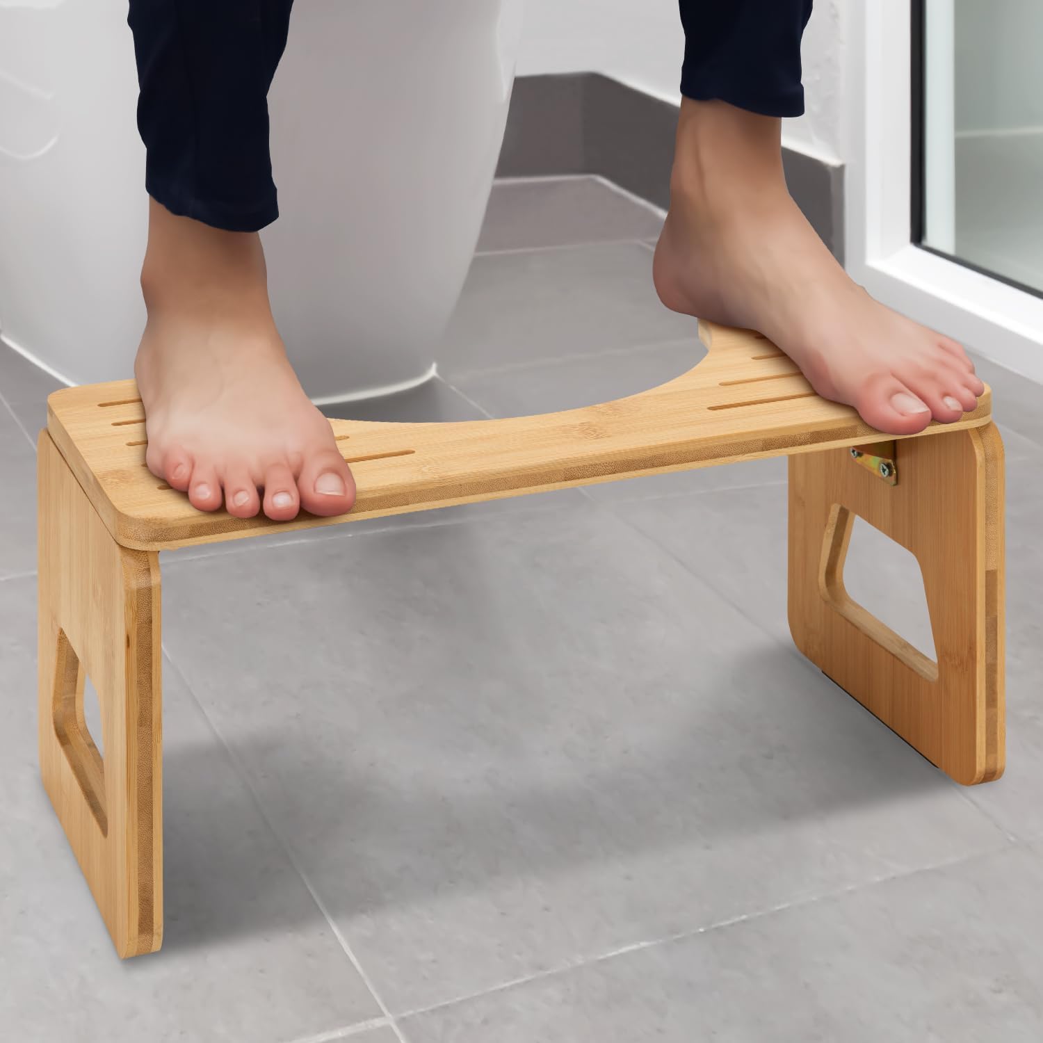 Toilet Stool Squat Adult and Kids - 8 Inches Foldable Poop Stool for Bathroom Bamboo Flip Potty Stool with Anti-Slip Layer - Improve Bathroom Posture and Comfort (Natural Color)