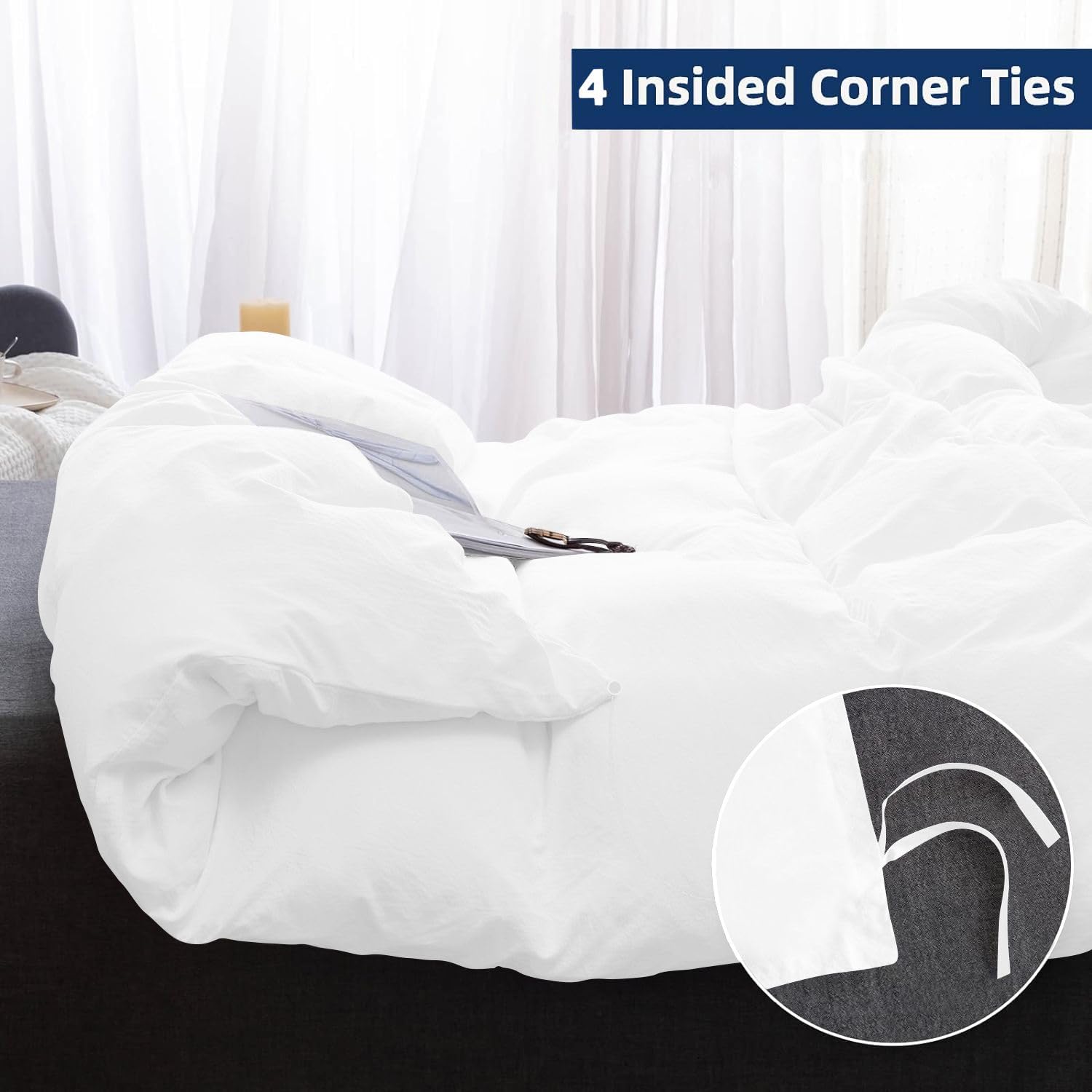 5 Piece Button Closure Duvet Cover Set with White Buttons, Soft & Easy Care Bedding Comforter Cover with Ties (Full/Queen Size White Color) 100% Egyptian Cotton 1000 TC