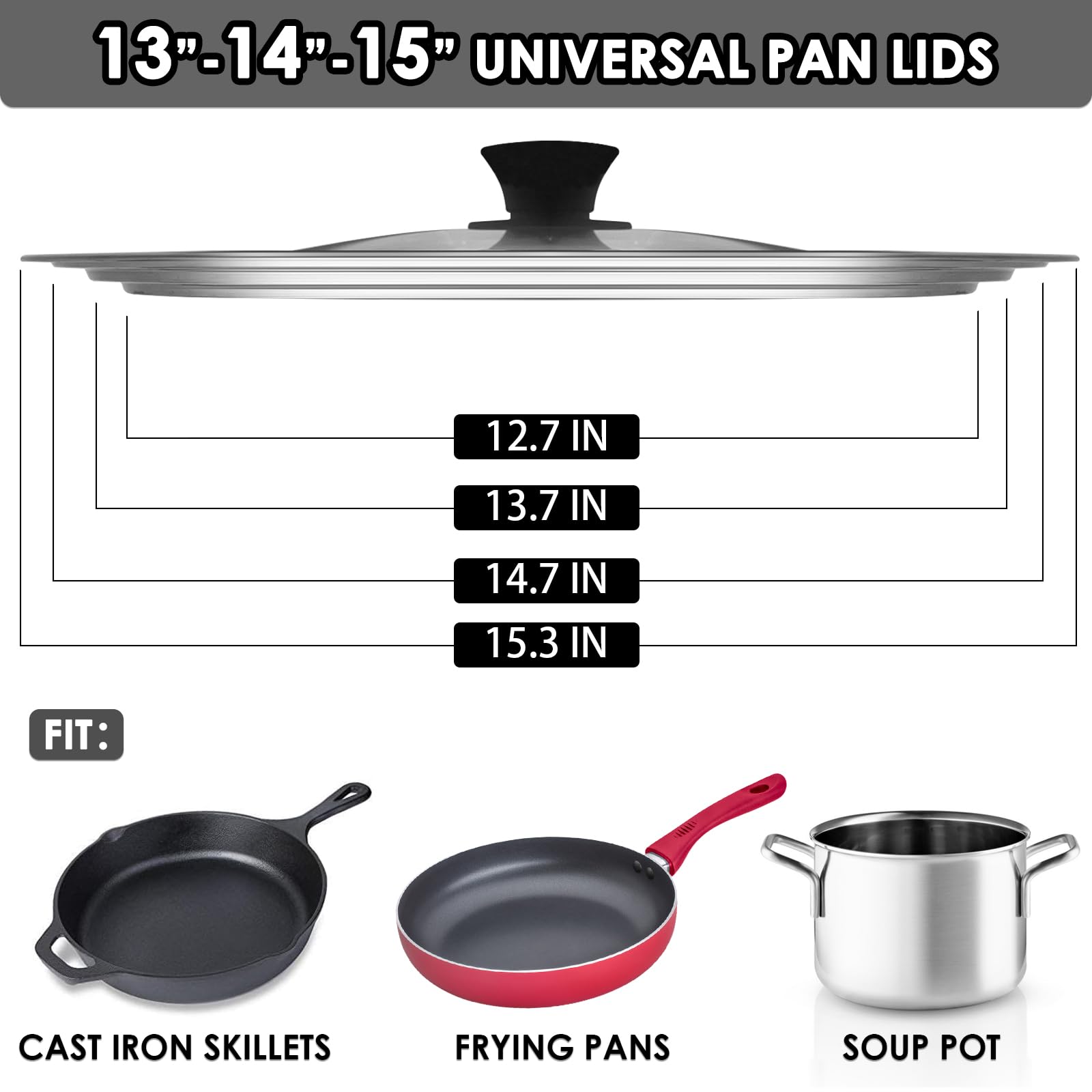 Universal Lid for Pots and Pans, Fits 13", 14" & 15" Diameter Cookware, Replacement Stainless Steel Skillets lids, Heat Resistant Frying Pan lid, Dishwasher Safe