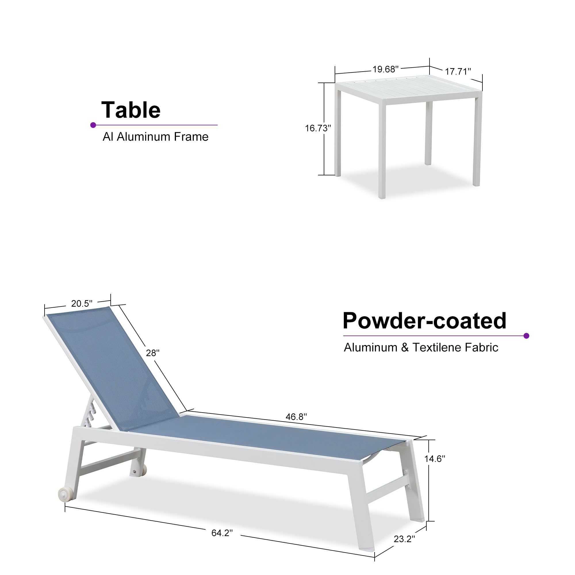 PURPLE LEAF Patio Lounge Chair 2 Pieces White Aluminum Outdoor Chaise Lounge for Pool Backyard Beach with Wheels and Table, Indigo