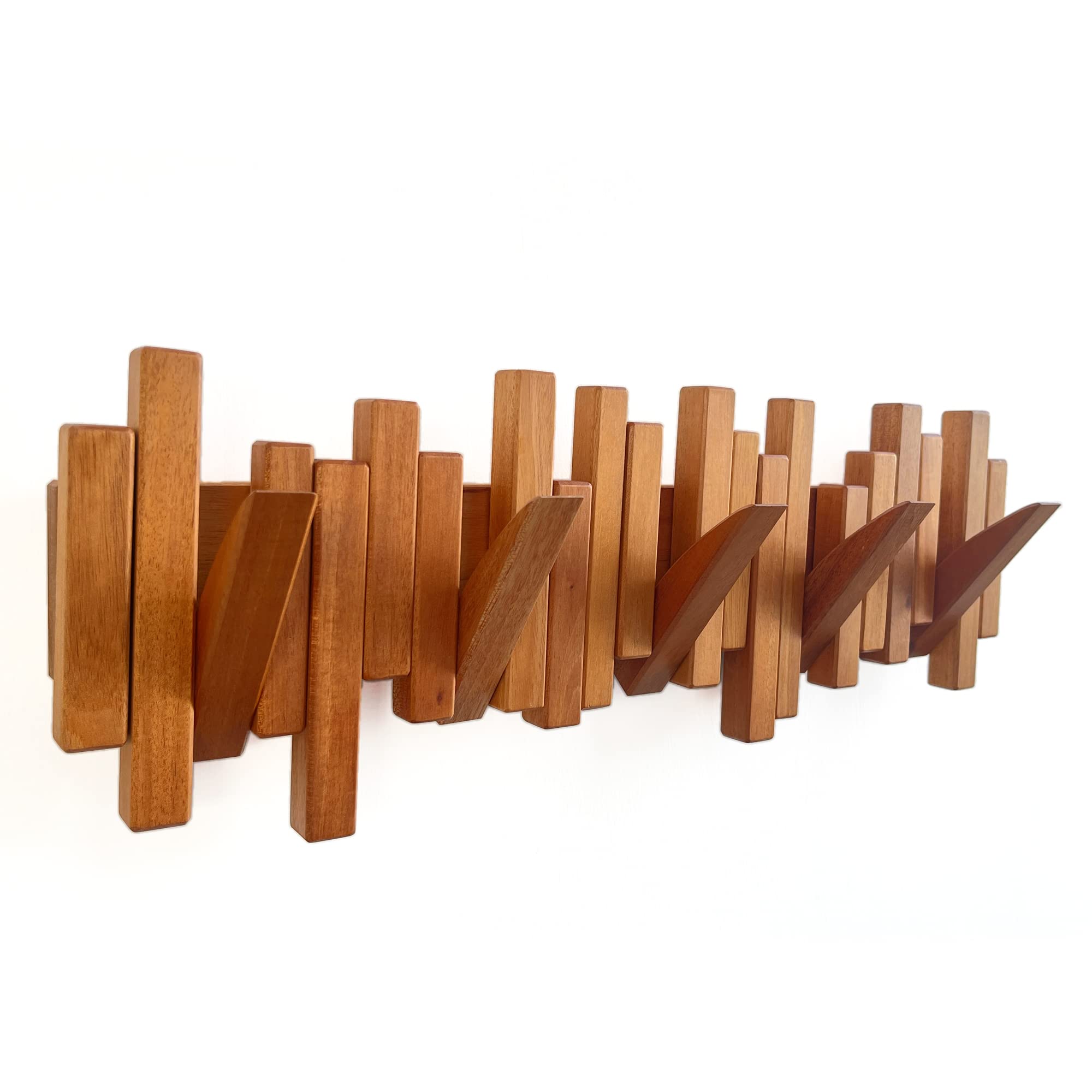 Acsigesn Wooden Coat Rack Wall Mounted Sticks Multi Rack Solid Handmade Natural Cherry Wood Artwork with 5 Flip-Down Unique Modern Hooks for Coats Bag Hat Umbrella