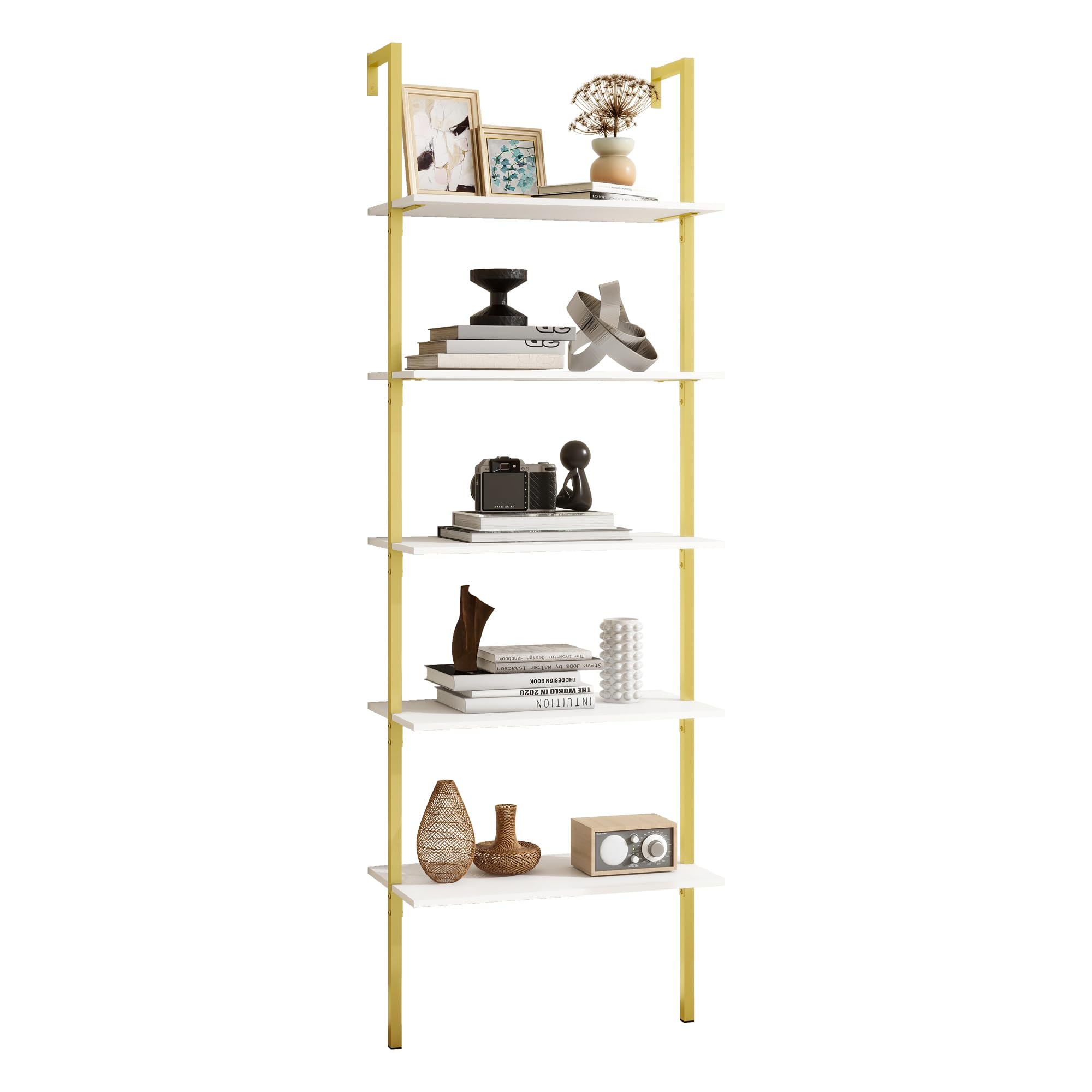 Panana Industrial 5 Tier Ladder Shelf, Open Space Book Shelf Wall Mount Bookshelf with Metal Frame Sturdy Bookcase for Living Room (White, 5 Tier)