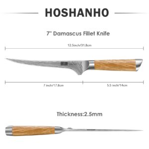 HOSHANHO 7 Inch Damascus Fillet Knife, Professional VG-10 Super Steel Japanese Boning Knife, Ultra Sharp Fish Knife with Ergonomic Olive Wood Handle