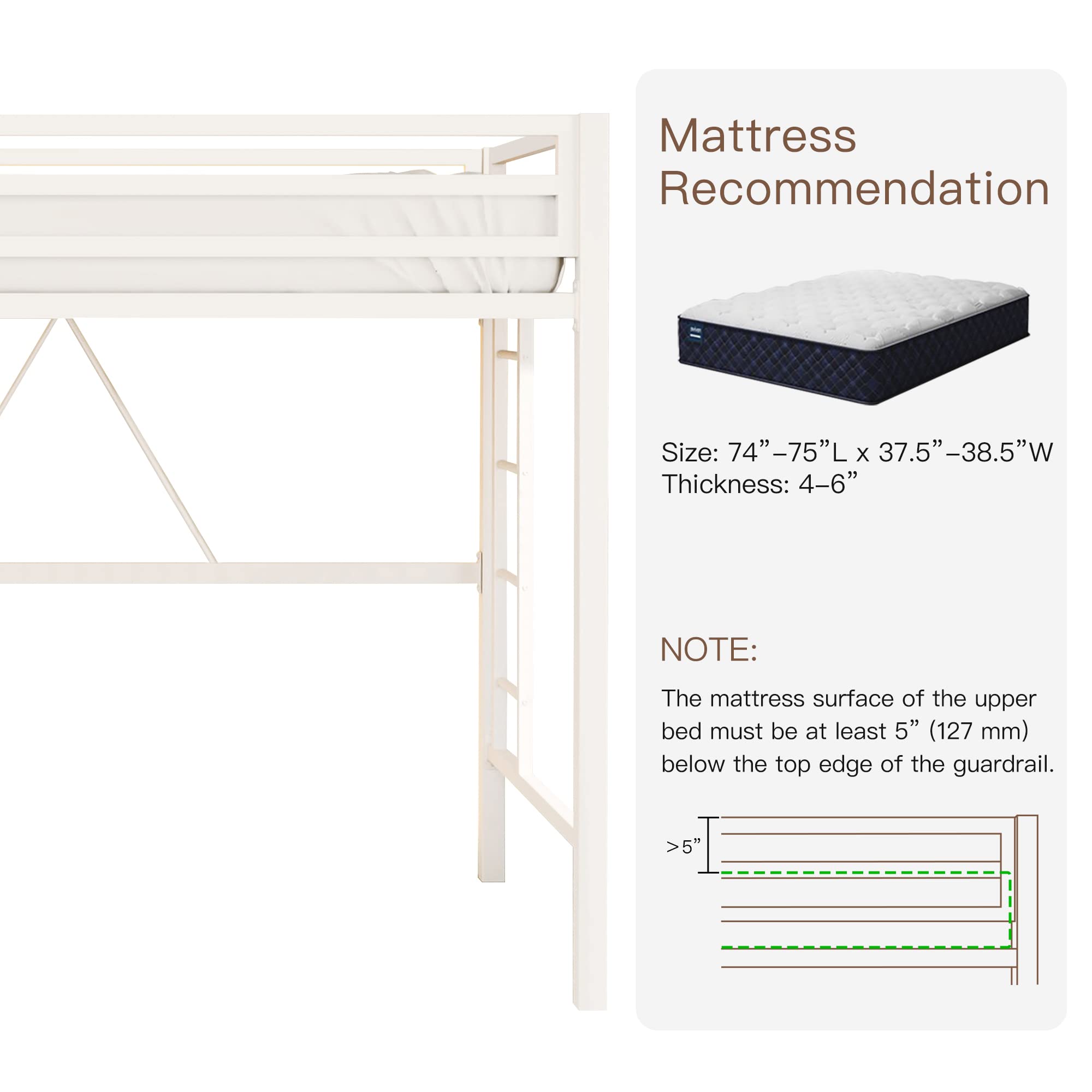 ikalido Twin Size Loft Bed, Multifunctional Metal Twin Bed with Safety Guard & Removable Ladder, Space-Saving Bed Frame for Small Bedroom, Matte White