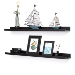 black floating shelves 36 inch modern picture frame shelf for wall photo ledge shelves with lip wooden book toy shelves set of 2 bathroom shelf organizer for living room bedroom kitchen wall decor