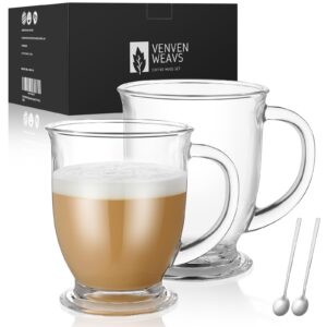 venvenweavs glass coffee mugs set of 2,15 oz lead-free clear coffee mugs for cappuccino,latte,tea,glass coffee cups with handles,coffee mugs gift set