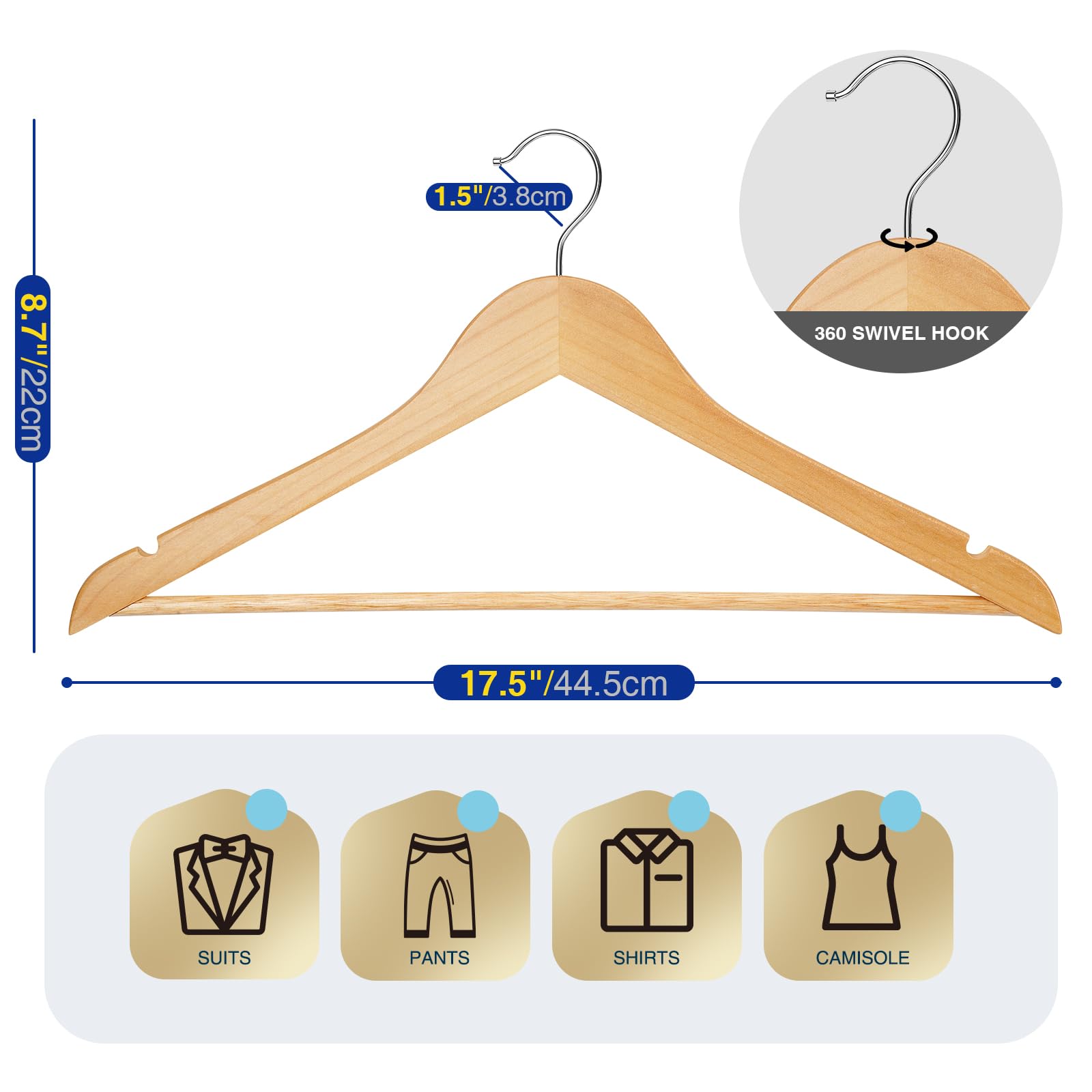 Korpai 24-Pack Wooden Hangers,Wooden Clothes Hangers with Smooth Shoulder Grooves,Suit Hangers with 360-Degree Rotatable Hook, Durable & Slim Wooden Hangers for Coats,Jackets,Dress,Pants ect,Natural