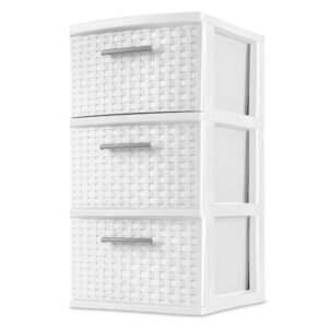 hertl 3-drawer wide weave design storage tower, white frame & drawers w/driftwood handles,case of 1 (white)