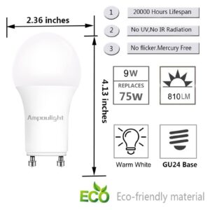 A19 GU24 Twist-in Day Light Bulb, 1200Lumen Warm White 5000K LED Bulb 12 Watt Equivalent 75W Halogen Light, Dimmable Bulb for Ceiling Fan Pendants, Floor Lamps, Wall Lamp-6 Pack