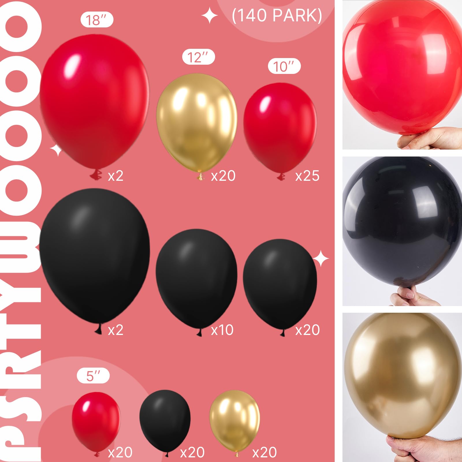 PartyWoo Red Black Gold Balloons, 140 pcs Red Black and Chrome Gold Balloons Different Sizes Pack of 18 Inch 12 Inch 10 Inch 5 Inch for Balloon Garland as Graduation Decorations, Party Decorations