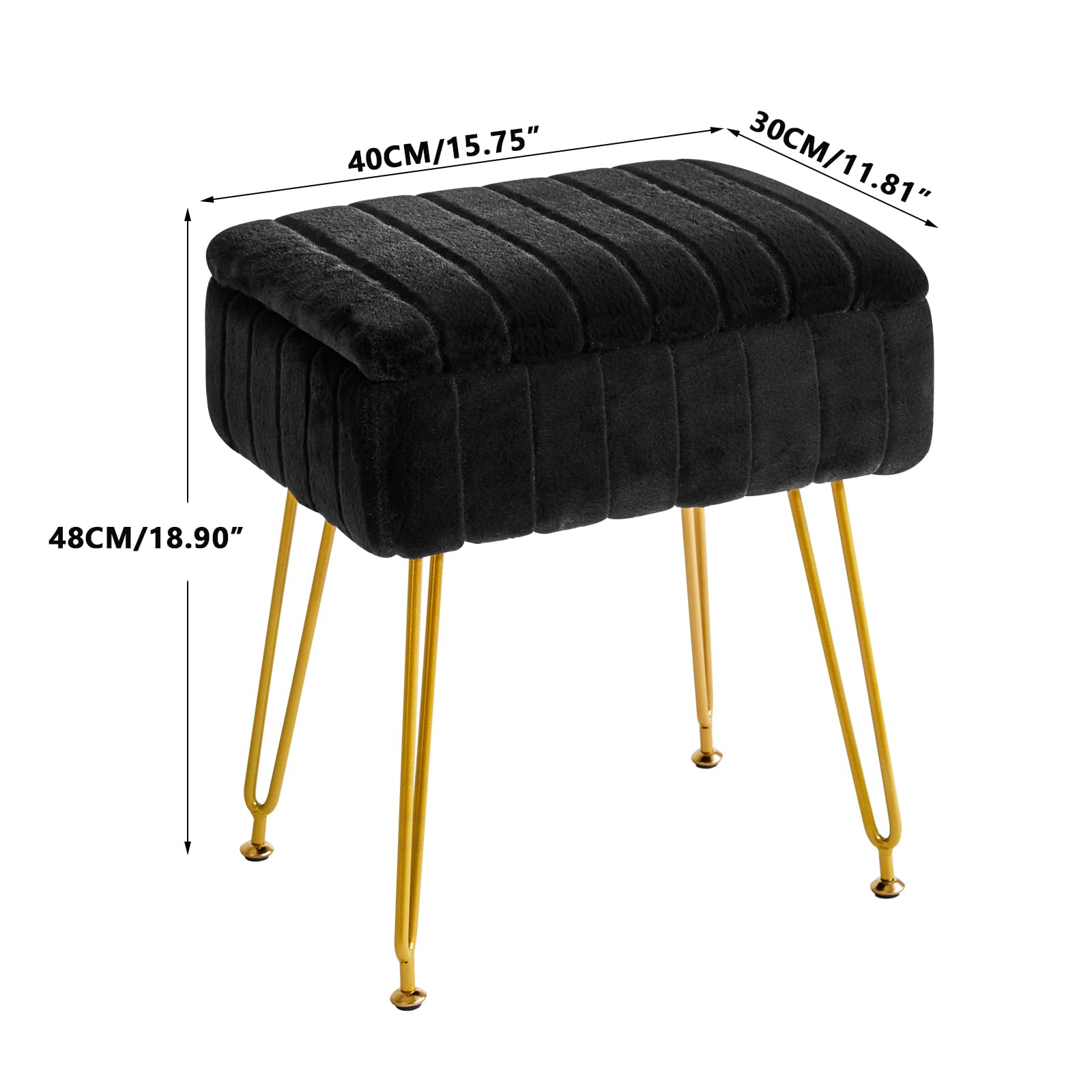 IBUYKE Stool Chair with Storage Space, Footrest Footstool Ottoman, Small Side Table, with 4 Metal Legs, with Anti-Slip Feet, for Makeup Room, Bedroom, Black, Faux Fur LG-50B