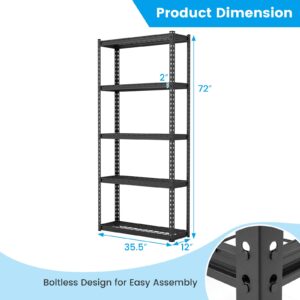 Tangkula 5-Tier Garage Storage Shelves, Heavy Duty Metal Storage Shelving Unit, Adjustable Utility Storage Rack Organizer for Warehouse Kitchen Pantry Basement, 35.5" L x 12" W x 72" H (1, Black)