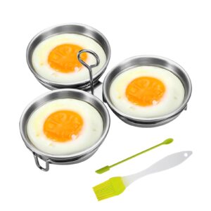 stainless steel egg poacher, 3 poached egg cooker cups nonstick poached egg pan boiled eggs maker egg poacher pan cups round poached egg pan with oil brush and spoon for breakfast boiled eggs