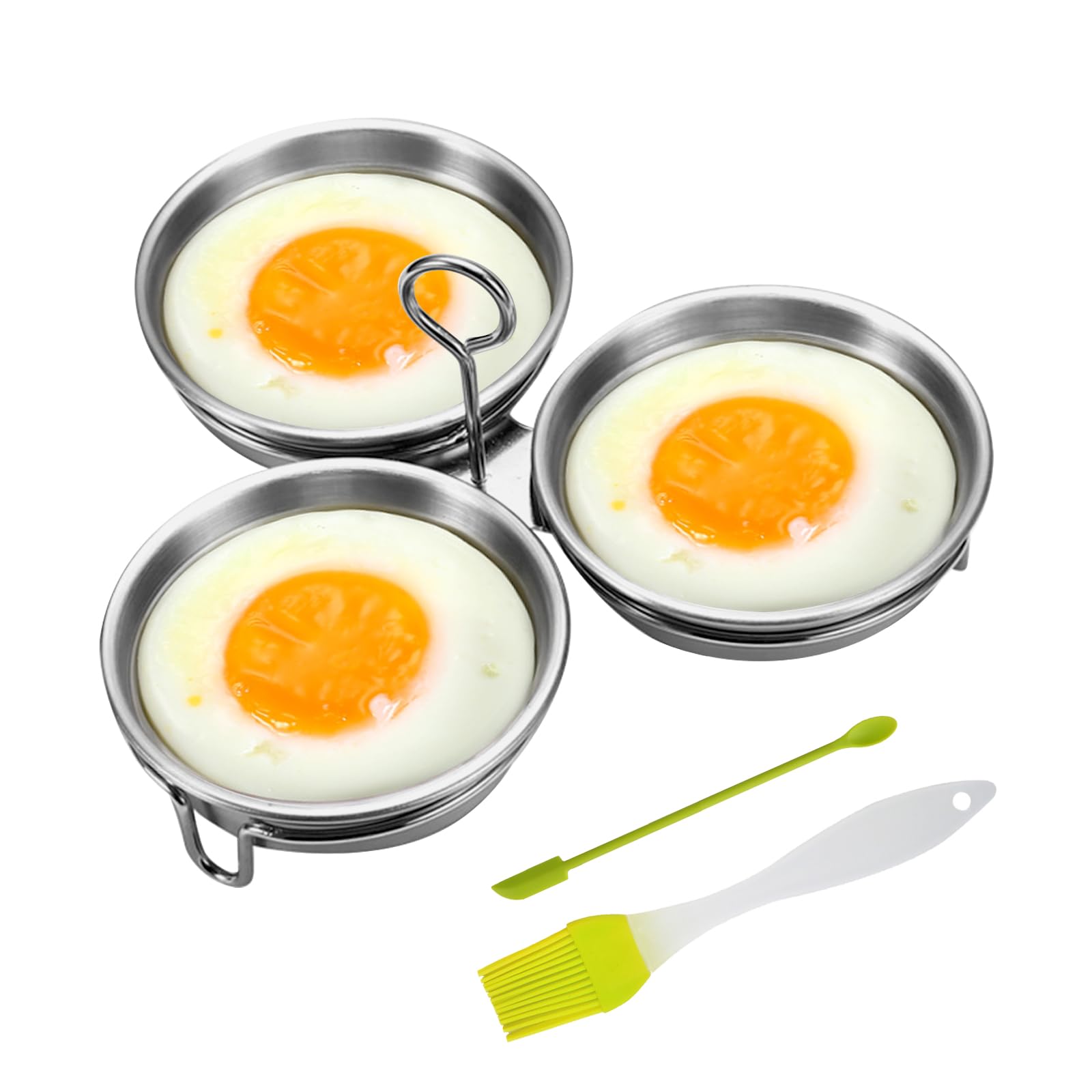 Stainless Steel Egg Poacher, 3 Poached Egg Cooker Cups Nonstick Poached Egg Pan Boiled Eggs Maker Egg Poacher Pan Cups Round Poached Egg Pan with Oil Brush and Spoon for Breakfast Boiled eggs