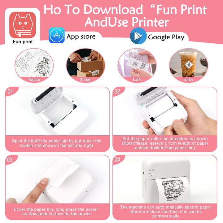 MXiiXM Mini Sticker Printer, Portable Mini Pocket Printer for iPhone, Smart Inkless Thermal Printer with 13 Roll Papers, Bluetooth Mini Printer for Notes, Photos, Stickers, Labels, Receipts (Pink)