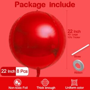 8 Pcs Red Balloons, 22 Inch Large 4D Sphere Chrome Foil Mylar Balloons for Birthday Party Decorations Bachelorette Christmas Graduation Baby Shower Wedding Engagement Bridal Shower Party Supplies