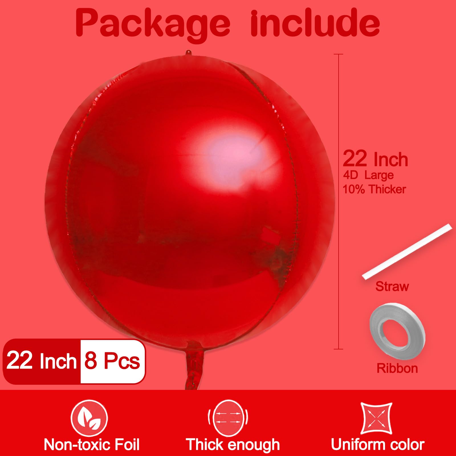 8 Pcs Red Balloons, 22 Inch Large 4D Sphere Chrome Foil Mylar Balloons for Birthday Party Decorations Bachelorette Christmas Graduation Baby Shower Wedding Engagement Bridal Shower Party Supplies