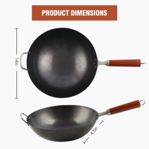 JLYO Carbon Steel Wok Pan - 14.2 “ Traditional Chinese Japanese Woks -Round Bottom Wok Pan Set with 7 Pcs Cookware Accessories - Hand Hammered Wok(14.2", Blue)