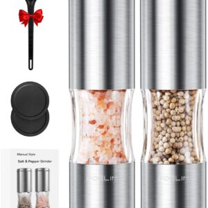 FORLIM Salt and Pepper Grinder Set with Dust Cover, Manual Pepper Mill with Adjustable Coarseness, Brushed Stainless Steel, Ceramic grinding core, 4.7oz Large Capacity, Spice Grinder (Set/Silver)