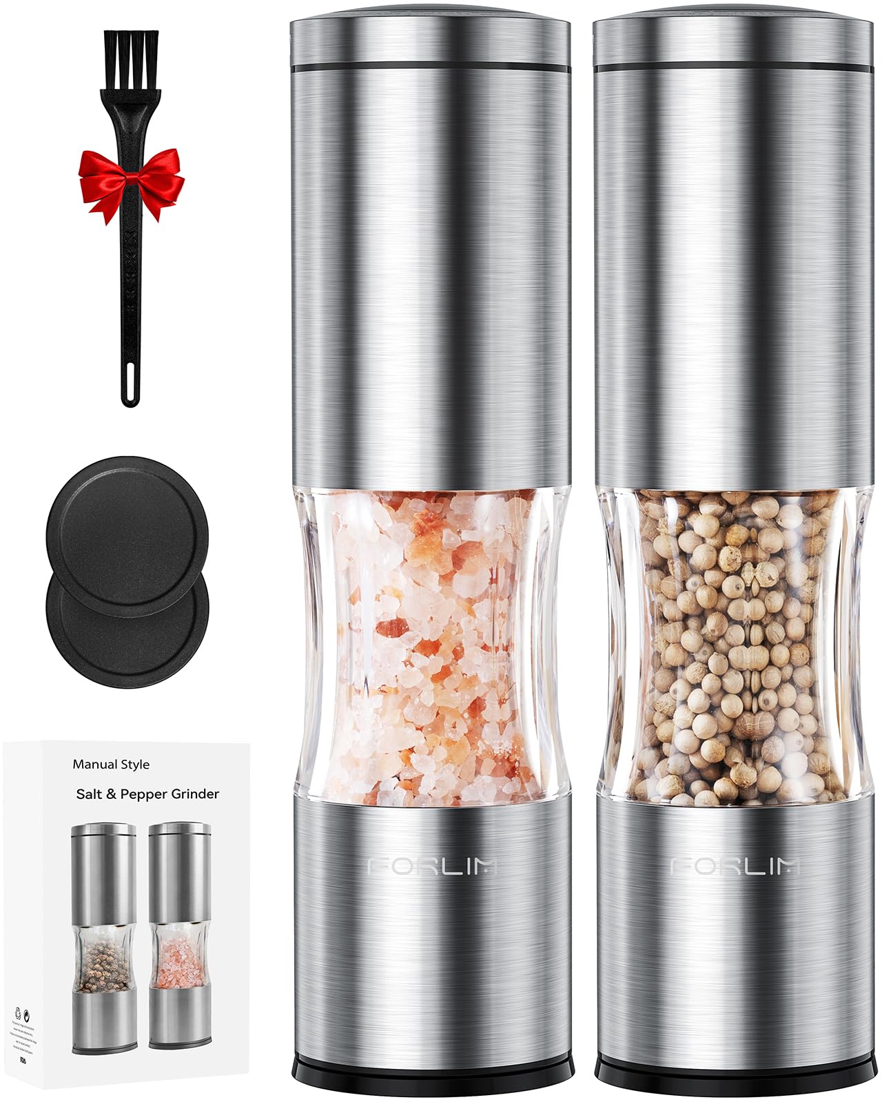 FORLIM Salt and Pepper Grinder Set with Dust Cover, Manual Pepper Mill with Adjustable Coarseness, Brushed Stainless Steel, Ceramic grinding core, 4.7oz Large Capacity, Spice Grinder (Set/Silver)