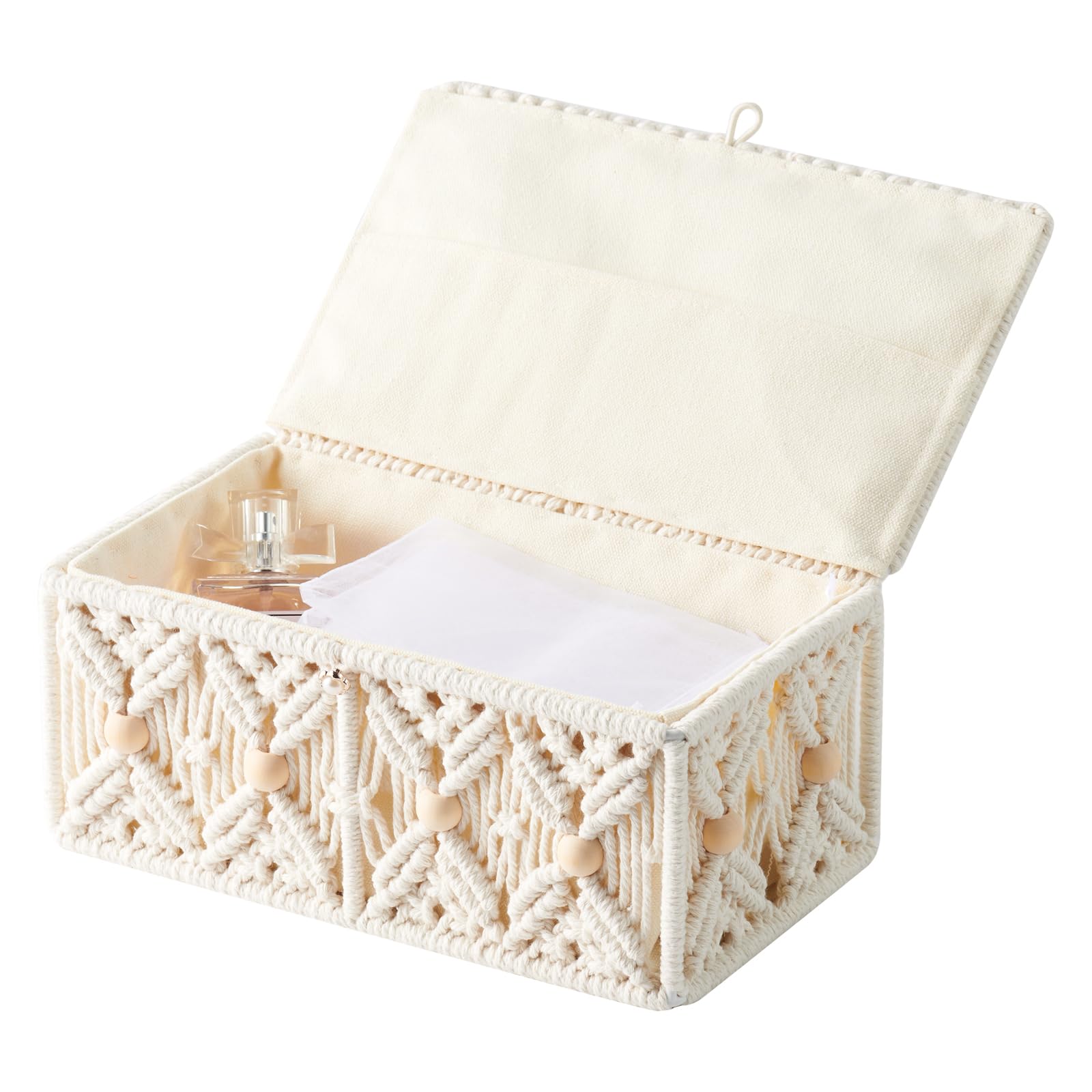 VinneGenzz Boho Macrame Storage Basket with Lid Organza Gift Bags Decorative Wood Beads Bohemian Jewelry Box Bin Handmade Woven Natural Cotton Desk Makeup Organizer Shelf Container (Small Size)