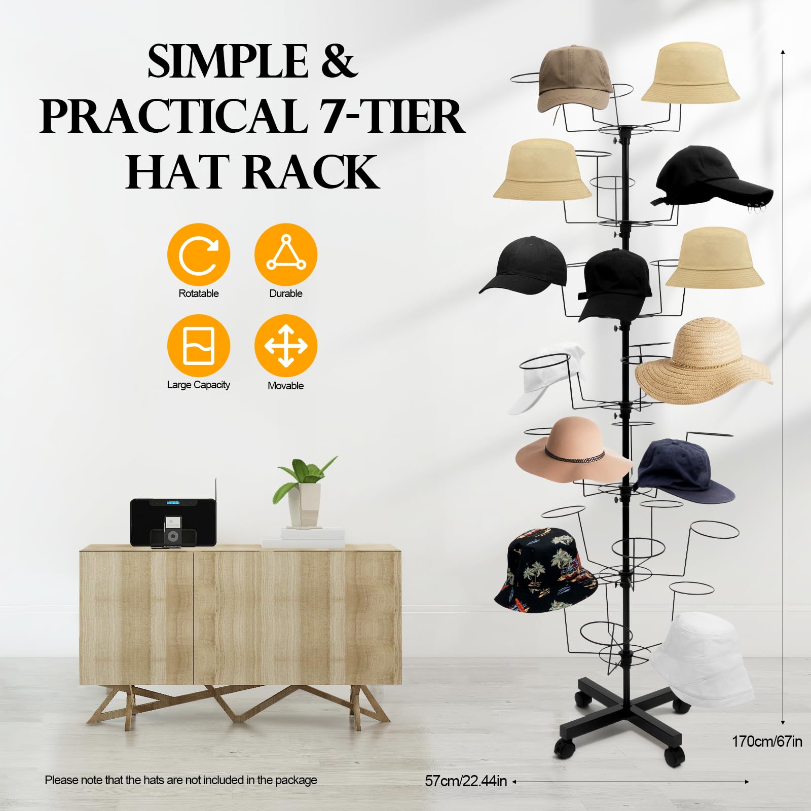 7 Tiers Rotating Hat Display Rack Stand w/ 35-Hooks Hat,Free Standing Hat Holder Storage Organizer,Floor Stand Display Holder Headwear Retail Store Black Hat/Wig/Cap Hanger Rack with Wheels