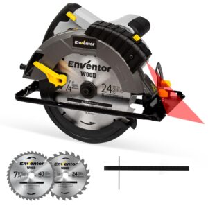 enventor circular saw corded, 14a electric circular saws 7-1/4-inch with laser guide, 2 blade saws (40t/24t), max cutting depth 2-7/16"(90°), 1-13/16"(0°-45°), single handed bevel, 5500rpm