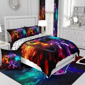 Manfei Modern Gamer Comforter Set Full Size, Geometric Gamepad Down Comforter with 2 Pillowcases, Video Games Bedding Set 3pcs for Kids Boys Teens Bedroom Decor Gaming Reversible Duvet Insert