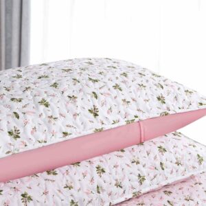 Nanko Quilt Set Queen Full Size 3 Pcs, White and Pink Floral Green Flower Pattern Bedspreads, Soft Lightweight Coverlet Bed Spreads, Farmhouse Thin Quilted Comforter Bedding Sets for Women Girls 90x90