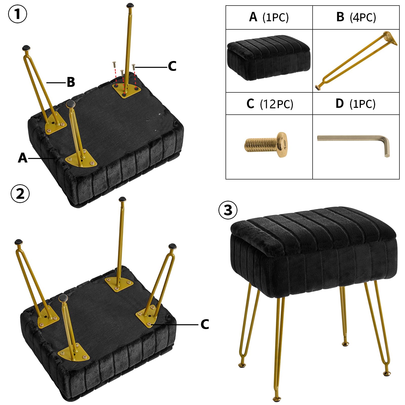 IBUYKE Stool Chair with Storage Space, Footrest Footstool Ottoman, Small Side Table, with 4 Metal Legs, with Anti-Slip Feet, for Makeup Room, Bedroom, Black, Faux Fur LG-50B