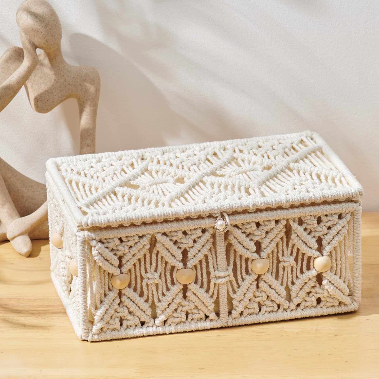 VinneGenzz Boho Macrame Storage Basket with Lid Organza Gift Bags Decorative Wood Beads Bohemian Jewelry Box Bin Handmade Woven Natural Cotton Desk Makeup Organizer Shelf Container (Small Size)