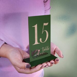 HZGUEOSTB Wooden Table Numbers 1-15,3.2x5.8 Inch Double Sided Rustic Olive Green Wedding Table Number Signs with Wooden Base,Wedding Centerpieces for Banquet Restaurant Party Decor(Olive Green, 1-15)