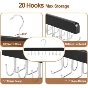 TOPIA HANGER 2 in 1 Belt Tie Hanger for Closet Max 30 Belts with 30 Ties Capacity, 20 Hooks Belt Tie Racks Wooden Hanger for Closet Organizer Storage “U” Fit for Belt and “一” Fit for Tie - CT47B