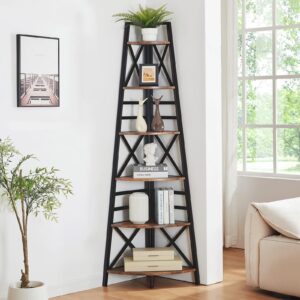 HOMBAZAAR Corner Shelf, 72 Inch Industrial Corner Bookshelf, 6 Tier Tall Corner Ladder Shelf with Metal Frames, Rustic Corner Shelf Stand for Living Room, Bedroom, Office, Rustic Brown