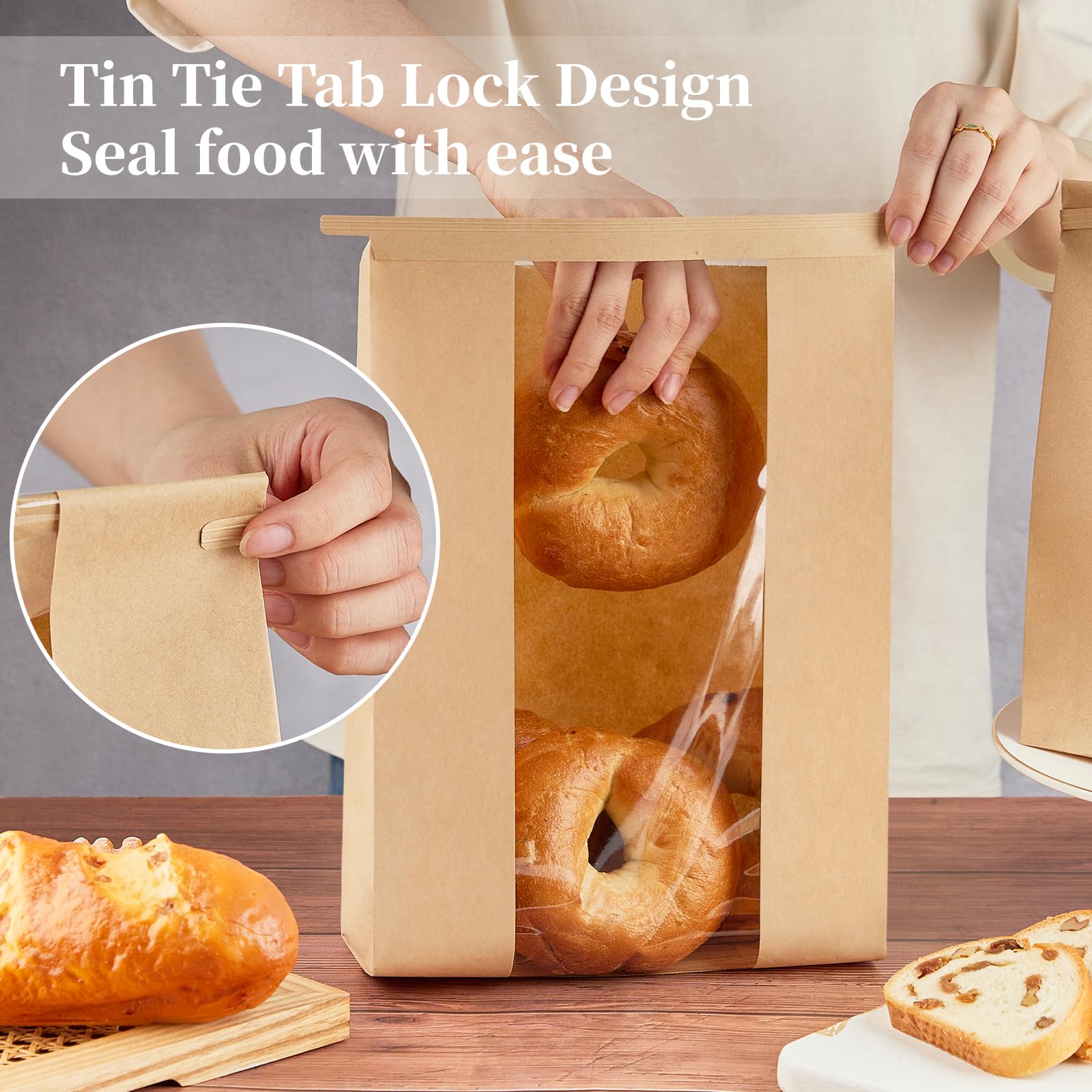 Ohuimrt 100 PCS Large Paper Bread Bags for Sourdough Bread, 13.7 x 8.2 x 3.5 Inches Bakery Bags with Window, Homemade Bread Loaf Bags with Tin Tie Tab Lock and Seal Stickers