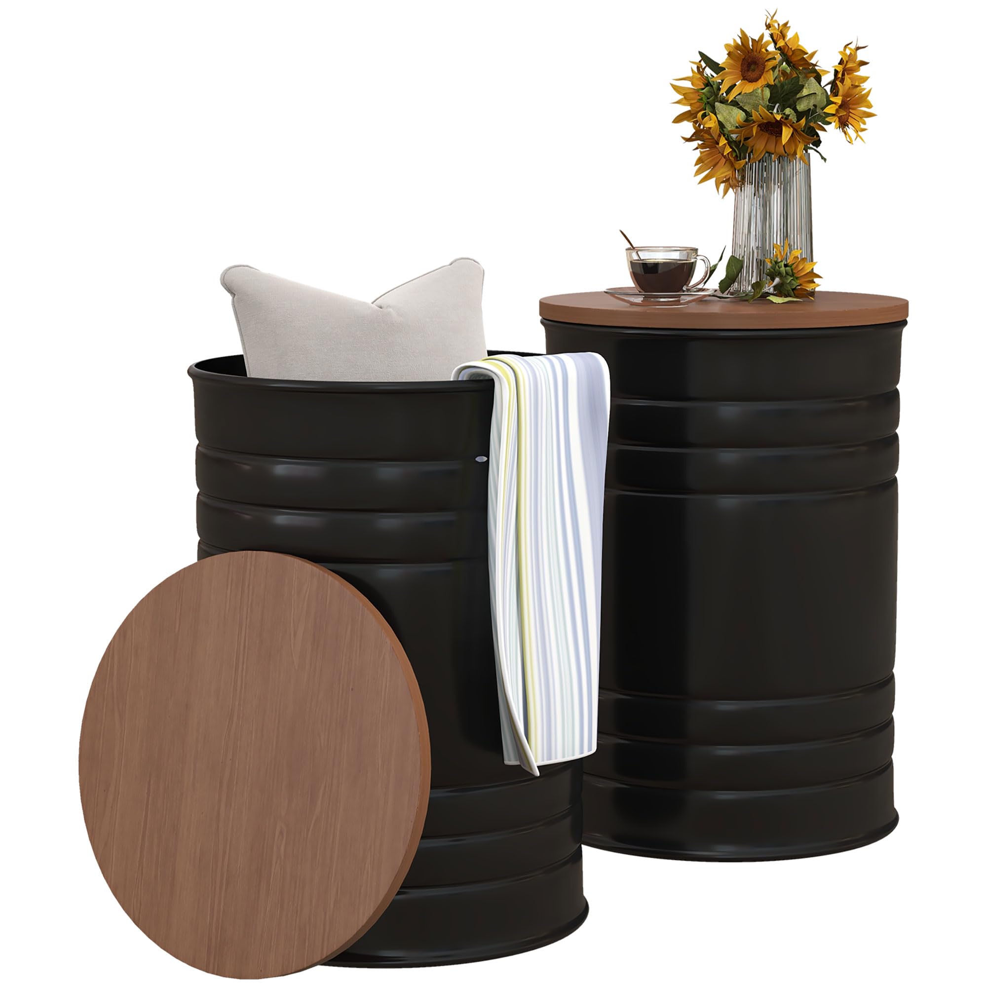 HOMCOM Nesting End Table Set of 2, Round Storage Ottoman Stool with Removable Wood Lid, Metal Frame & Hidden Space, Farmhouse Side Table for Living Room, Black