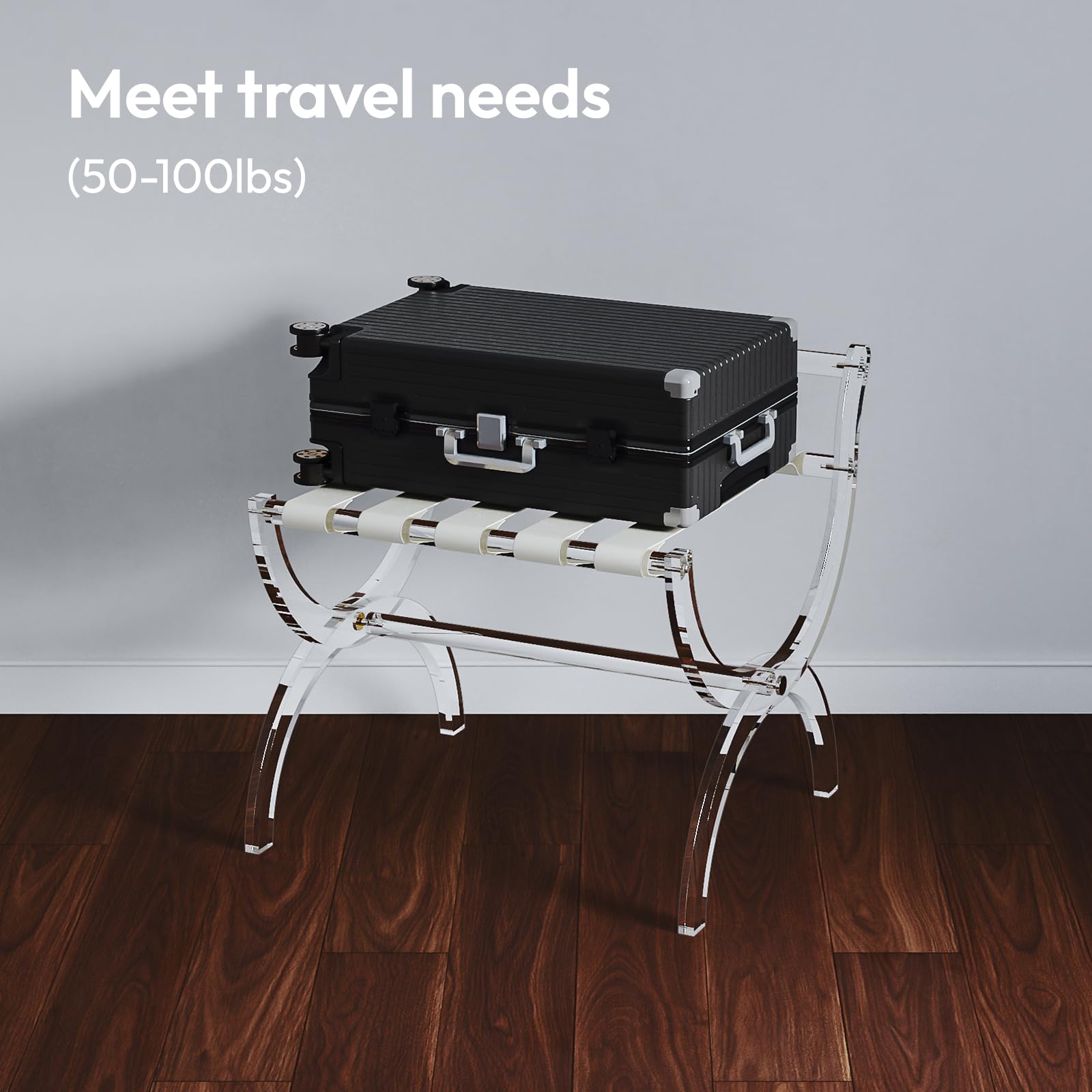 Byingo Acrylic Luggage Rack with High Back Support Bar, Foldable Suitcase Stand with Leather Straps for Guest Room, Bedroom, Hotel, Holds Up to 50-100 lb, Modern, Portable, Easy to Use, Heavy-Duty