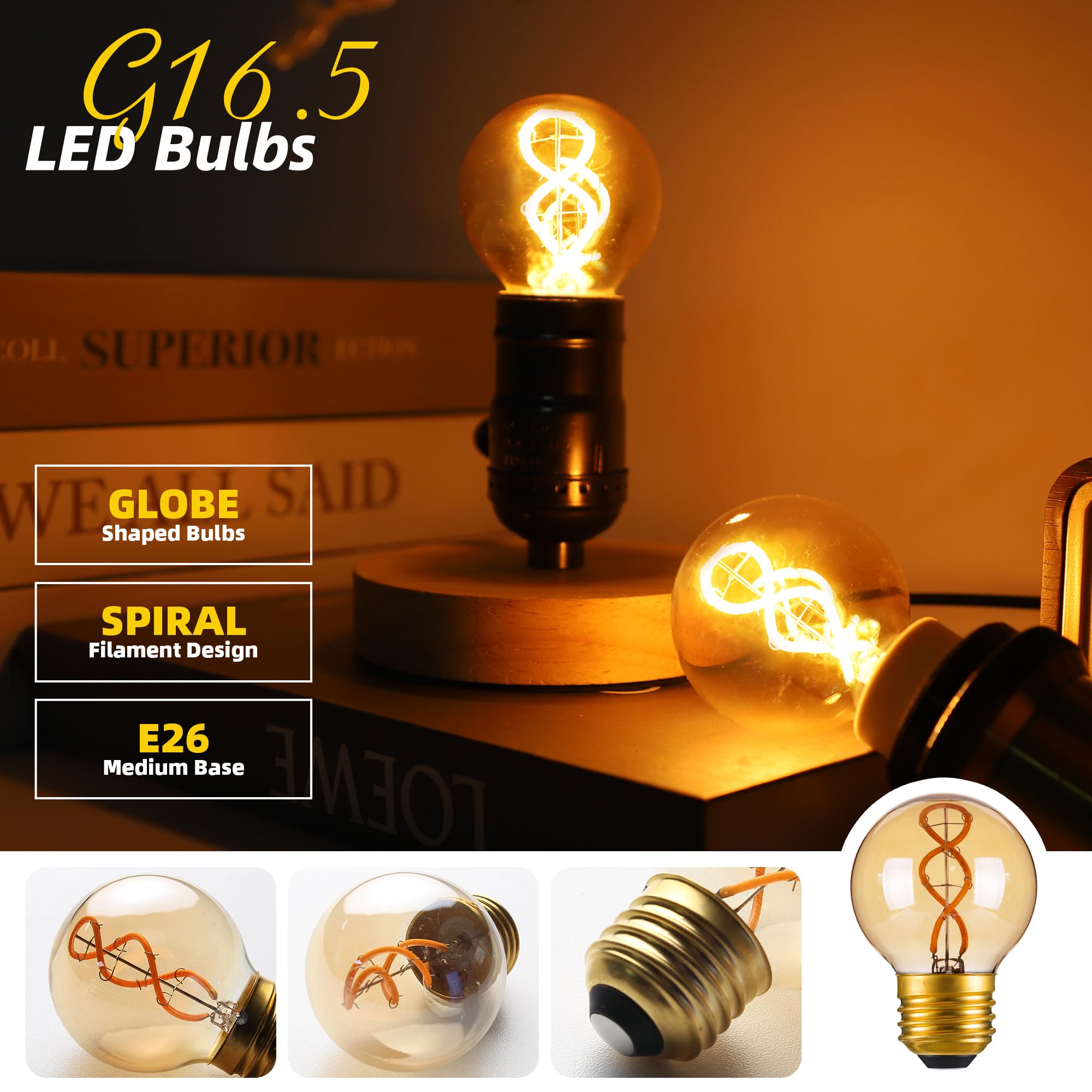 Genixgreen Dimmable E26 Amber LED Bulb Small Edison Light Bulb 25 Watt Equal 3W,G16.5/G50 Antique Globe Spiral Filament Bulb for Vanity Outdoor Light Strings,Soft White 2200K,180LM,2 Pack