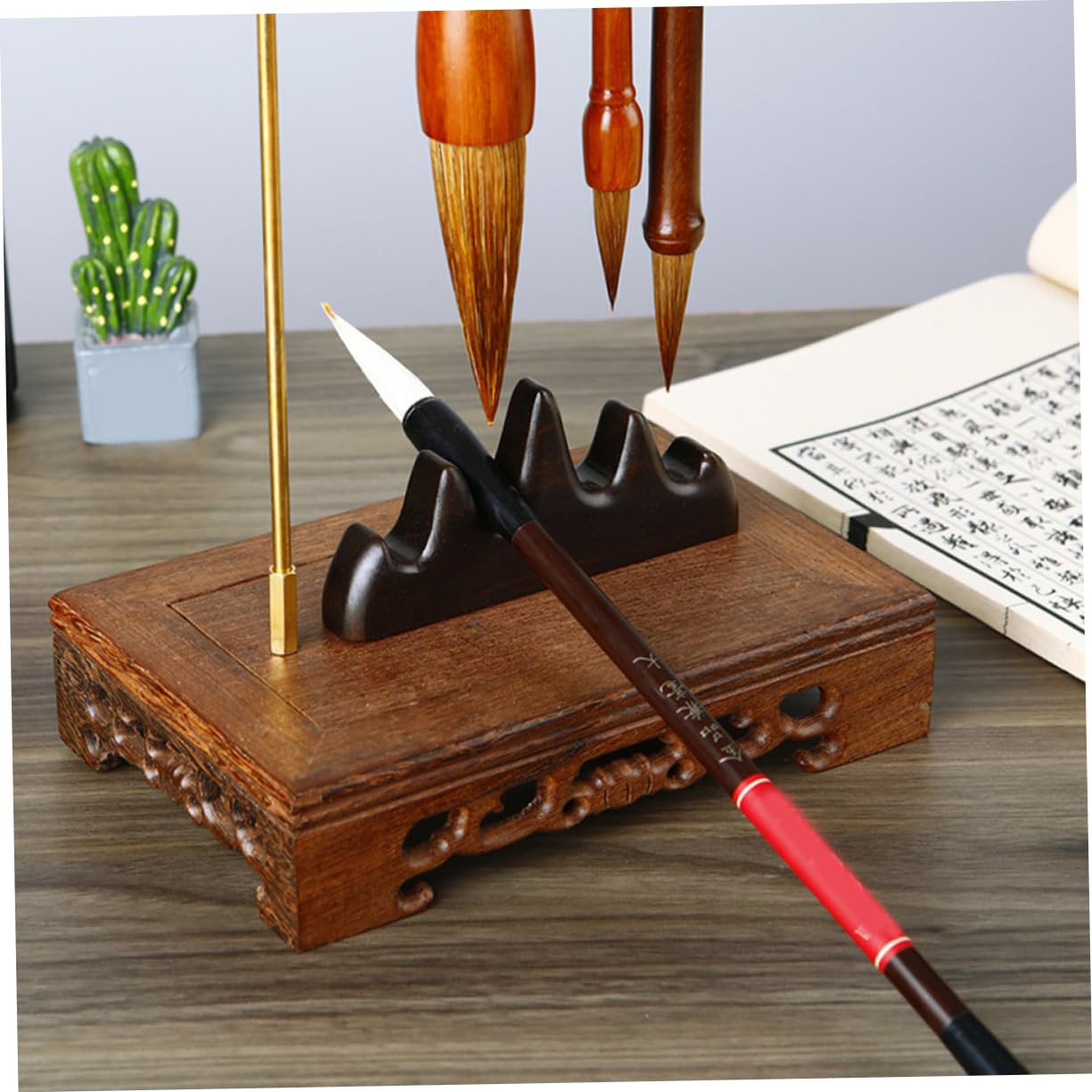 EXCEART Chicken Wing Wood Pen Hanging Calligraphy Stand Shelf Brush Pen Organize Rack Brush Holder Chinese Calligraphy Brush Stand Brush Pen Hanging Rack Display Stand Brass