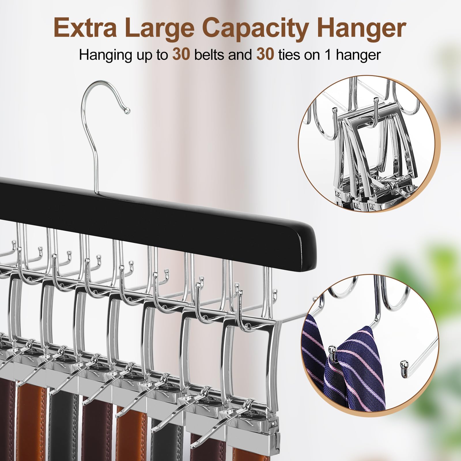 TOPIA HANGER 2 in 1 Belt Tie Hanger for Closet Max 30 Belts with 30 Ties Capacity, 20 Hooks Belt Tie Racks Wooden Hanger for Closet Organizer Storage “U” Fit for Belt and “一” Fit for Tie - CT47B