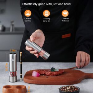 FORLIM Mini Electric Salt and Pepper Grinder Set with Wood Base, USB Rechargeable, Small Automatic Salt Pepper Mill Grinder, Travel/Outdoor BBQ/Children, One-Button Control (2 Packs, Stainless Steel)