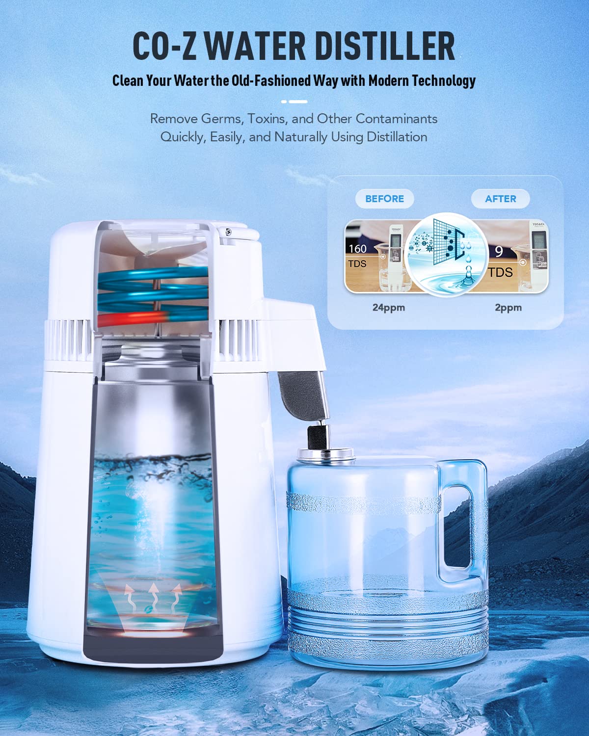 CO-Z 1.1 Gallon Water Distiller, 750W Countertop Home 4L Distilled Clean Water Maker Office Countertop Distiller Water Making Machine, Distill Distilling Water Purifier Distillers